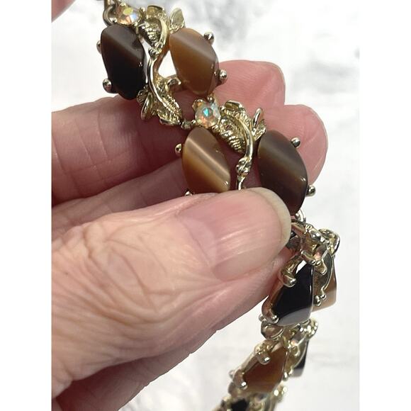 Thermoset Lucite Choker Necklace w AB Stones Tigers Eye Effect Mixed Root Beer - Picture 8 of 12